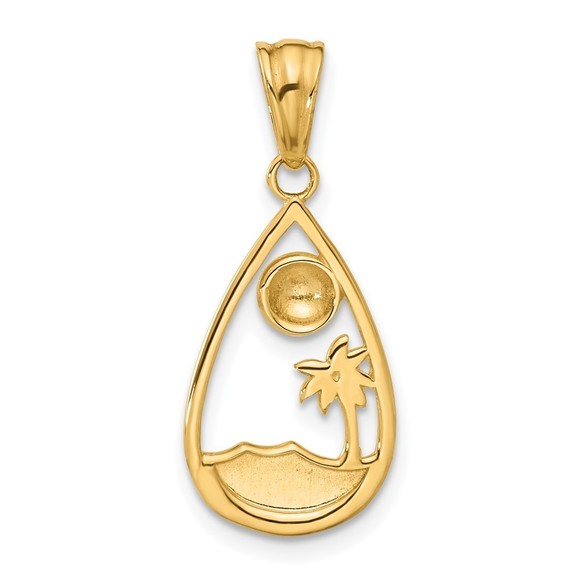 14K Gold with White Rhodium Diamond Cut Ocean Scene Teardrop Pendant - Picture 3 of 4